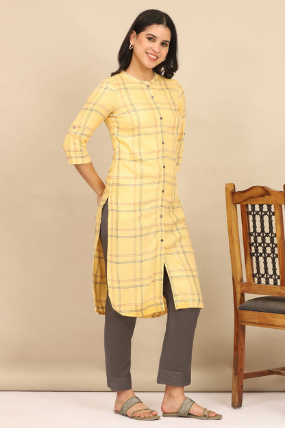 Yellow Checker Mandarin Collar Rayon Straight Kurta and Pants Set