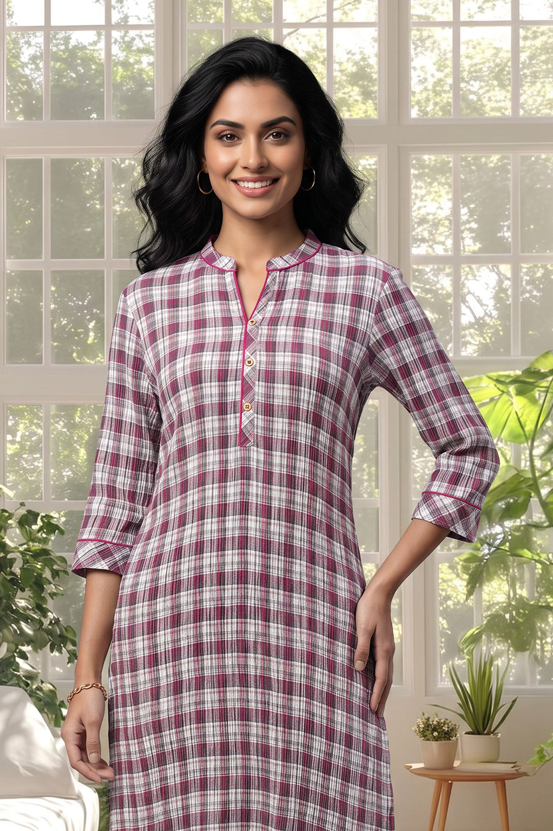 Multicolor Checkered Cotton Straight Kurta with Tights