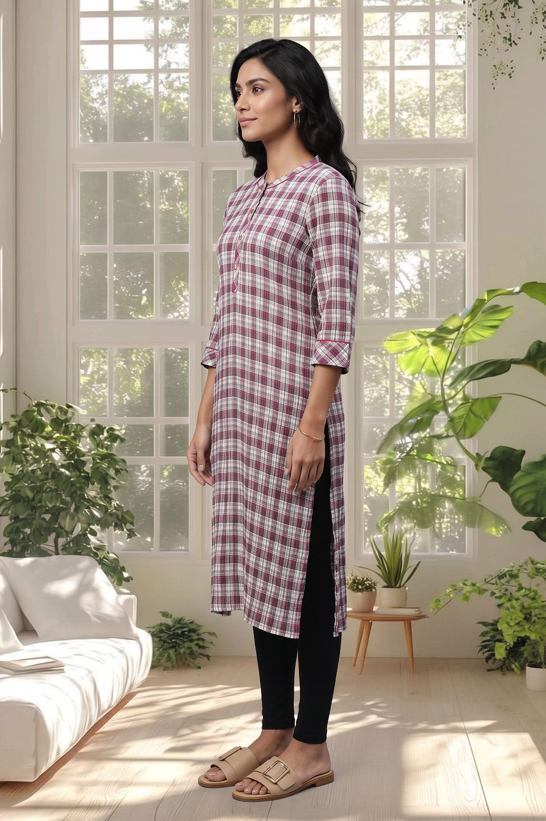 Multicolor Checkered Cotton Straight Kurta with Tights