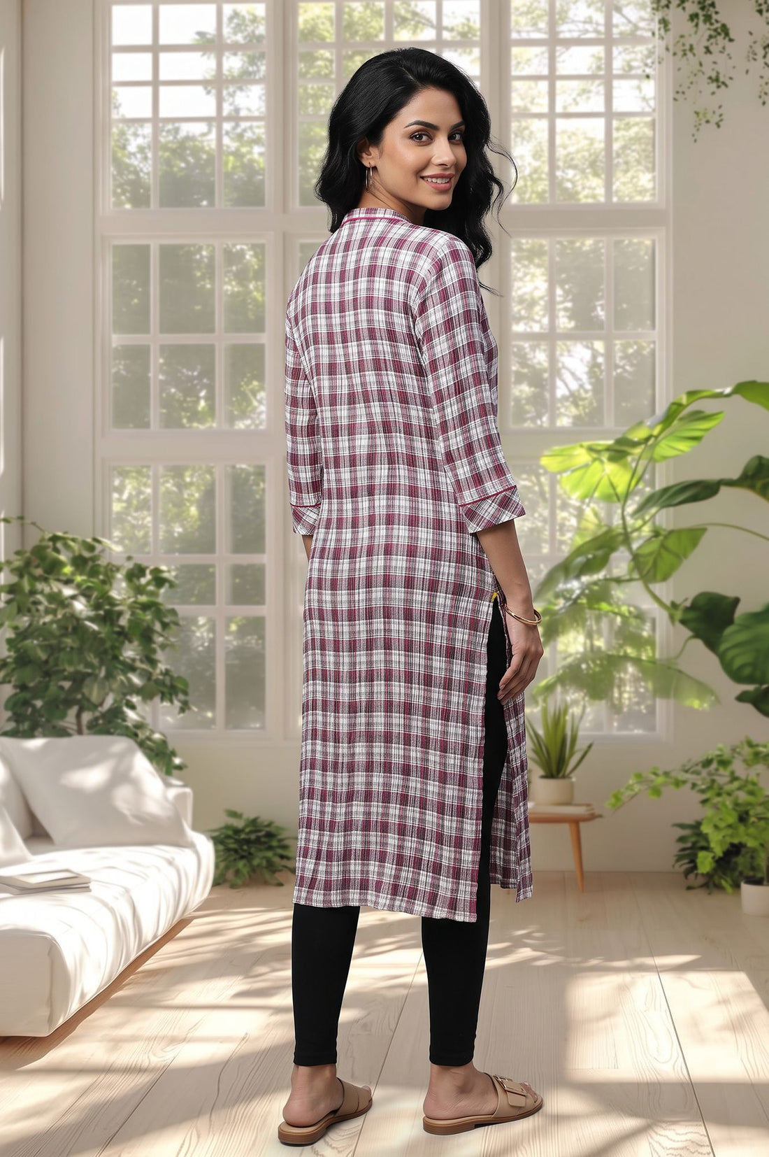 Multicolor Checkered Cotton Straight Kurta with Tights