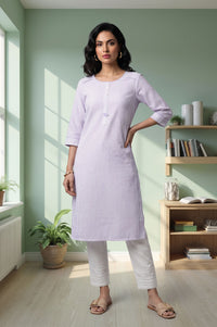 Lavender Yarn Dyed Striped Pure Cotton Straight Kurta with Trousers Set