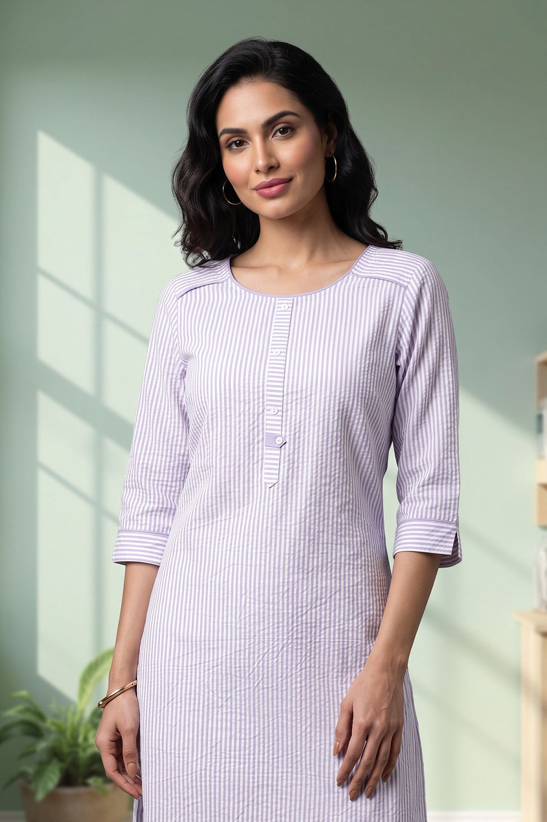 Lavender Yarn Dyed Striped Pure Cotton Straight Kurta with Trousers Set