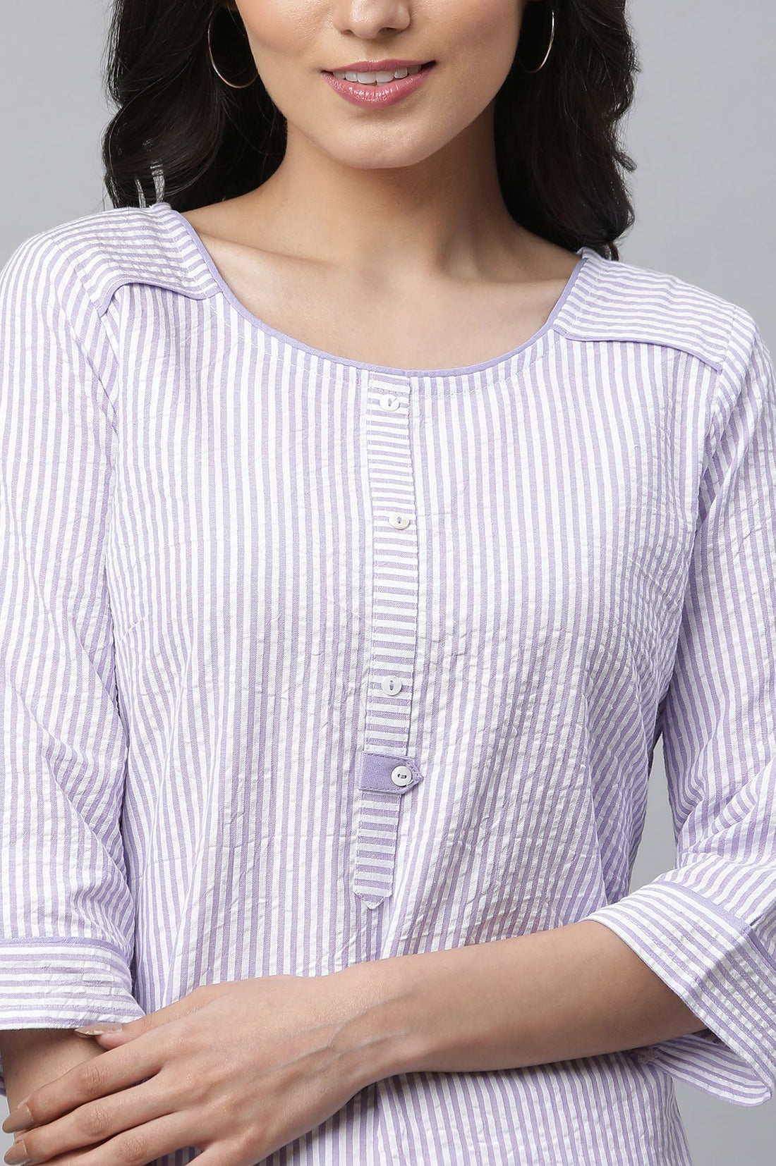 Lavender Yarn Dyed Striped Pure Cotton Straight Kurta with Trousers Set