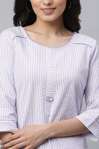 Lavender Yarn Dyed Striped Pure Cotton Straight Kurta with Trousers Set