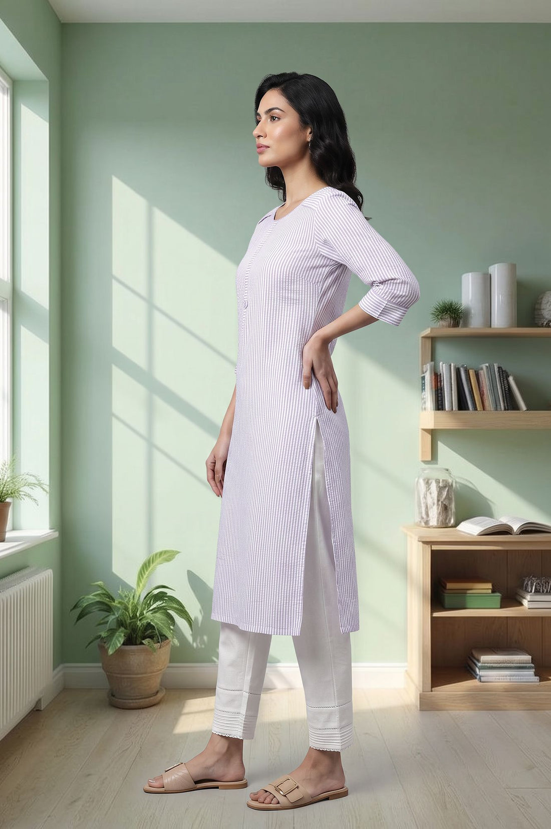 Lavender Yarn Dyed Striped Pure Cotton Straight Kurta with Trousers Set