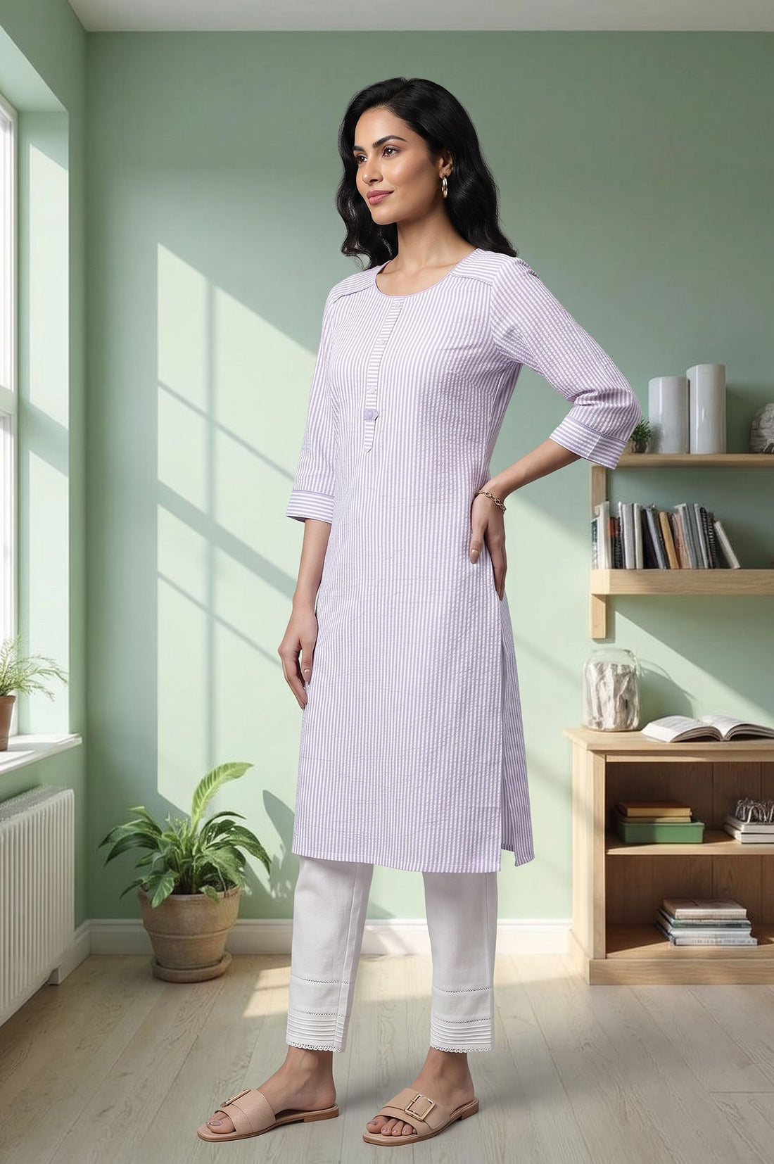 Lavender Yarn Dyed Striped Pure Cotton Straight Kurta with Trousers Set