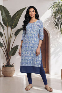 Blue Floral Printed Lace Pure Cotton Straight Kurta with Tights