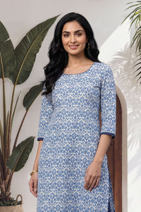 Blue Floral Printed Lace Pure Cotton Straight Kurta with Tights