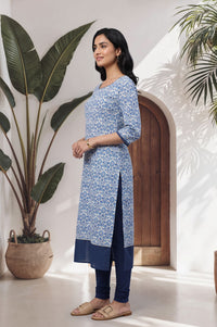 Blue Floral Printed Lace Pure Cotton Straight Kurta with Tights