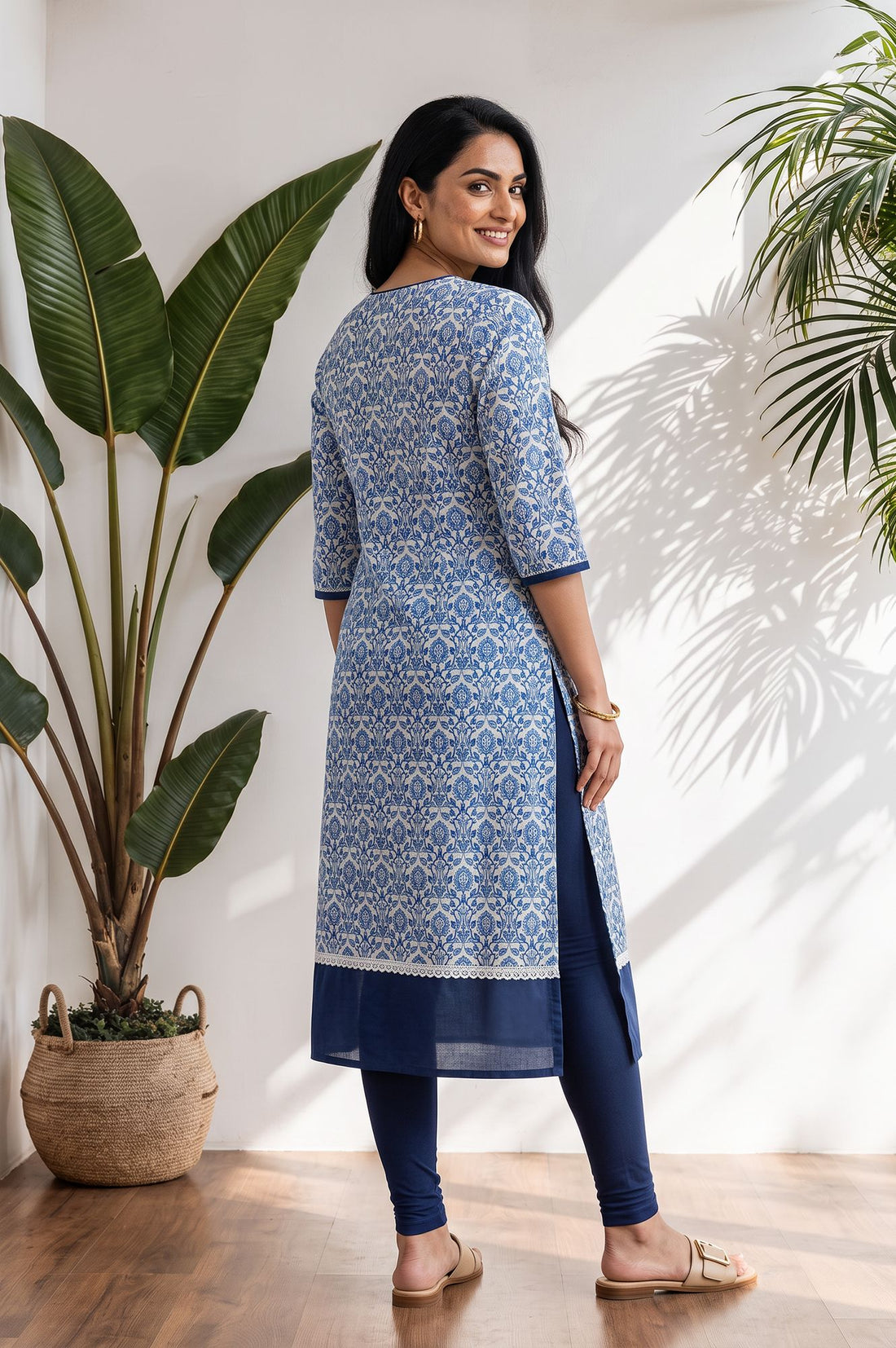 Blue Floral Printed Lace Pure Cotton Straight Kurta with Tights