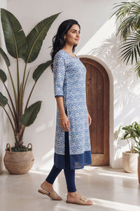 Blue Floral Printed Lace Pure Cotton Straight Kurta with Tights