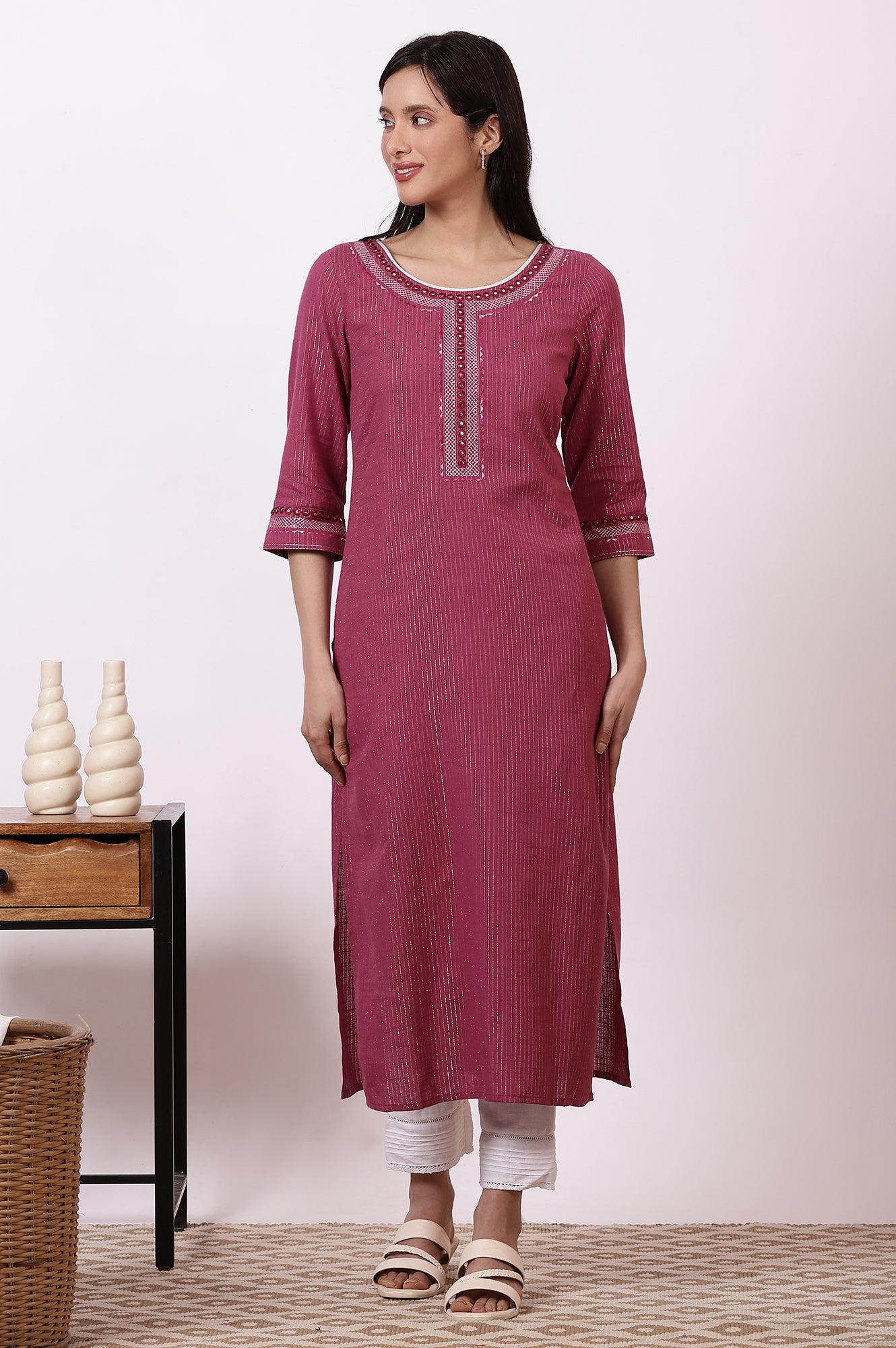 Pink Embroidered Cotton Lurex Kurta and Pants Set