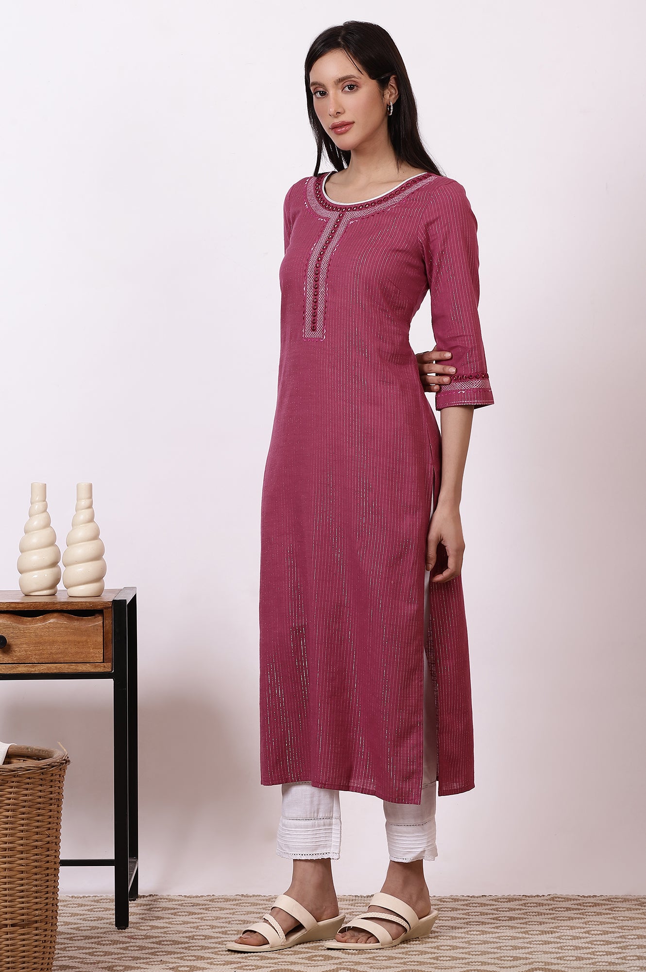 Pink Embroidered Cotton Lurex Kurta and Pants Set