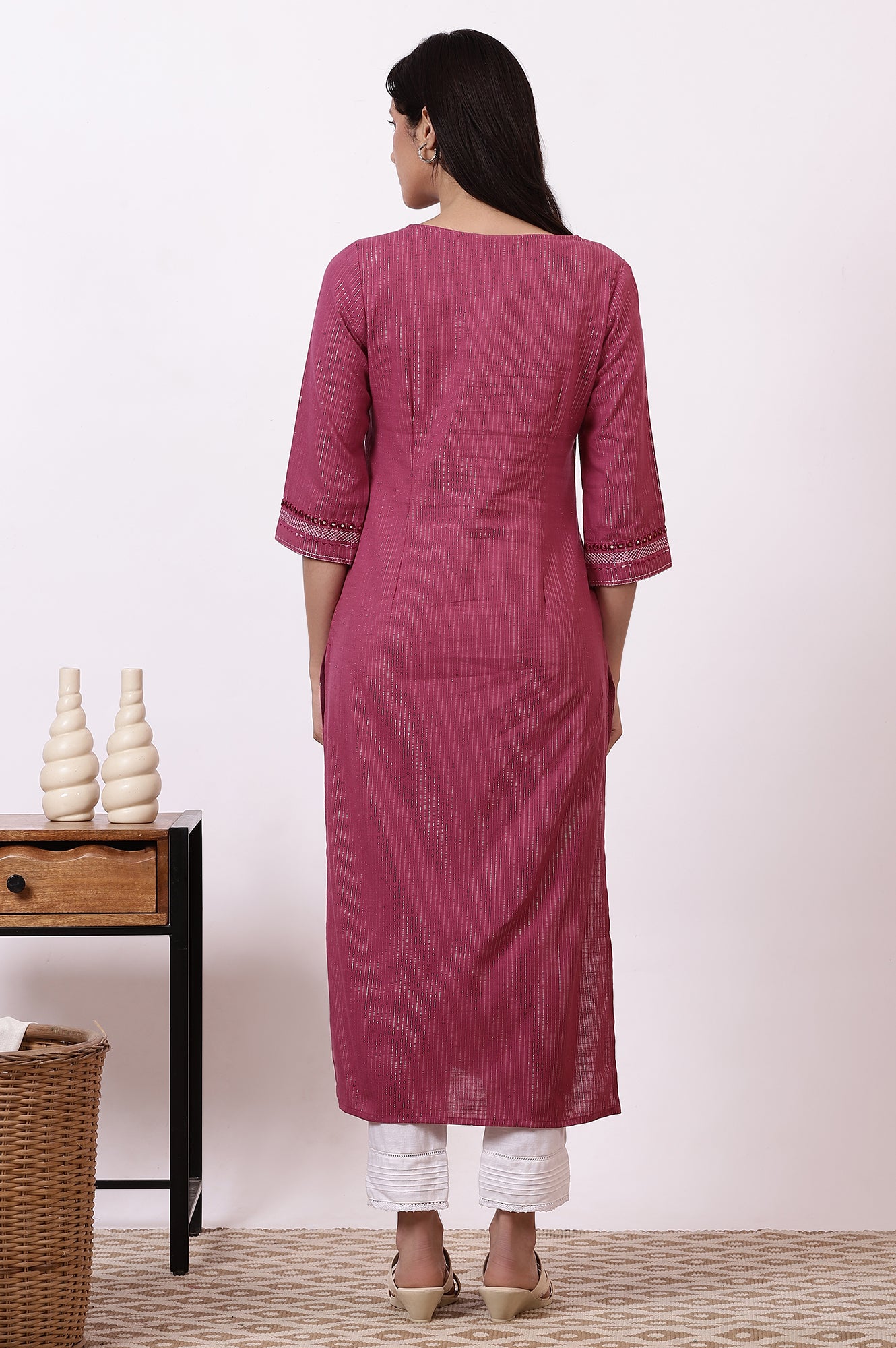 Pink Embroidered Cotton Lurex Kurta and Pants Set