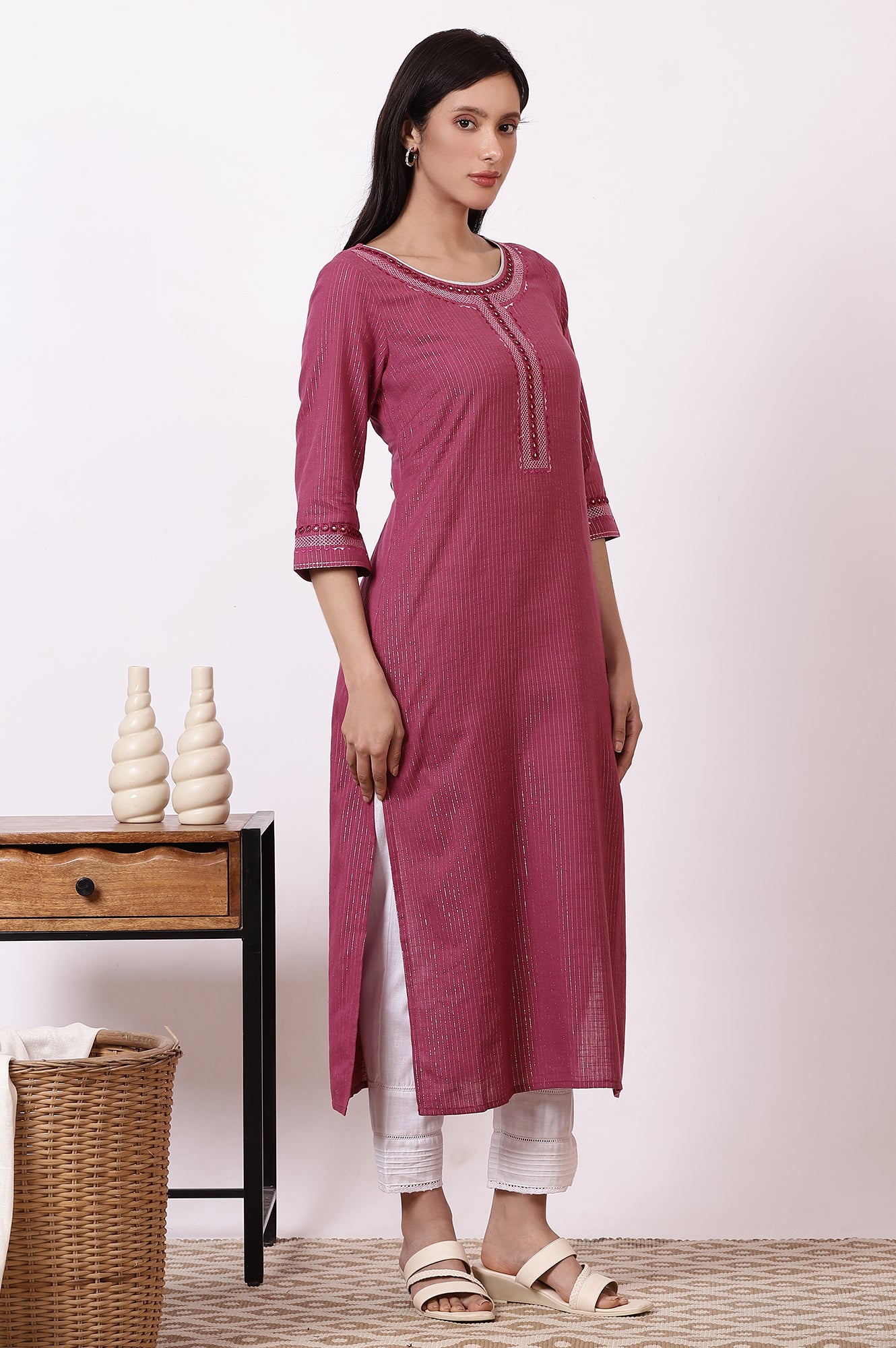 Pink Embroidered Cotton Lurex Kurta and Pants Set