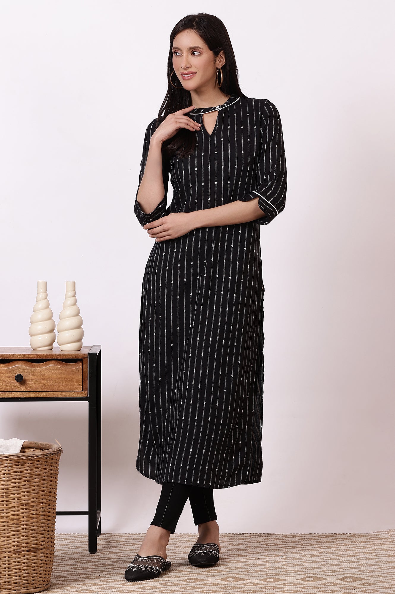 Black Striped Yarn-Dyed Straight Kurta and Denim Jegging Set