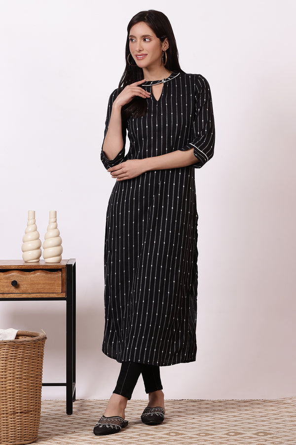 Black Striped Yarn-Dyed Straight Kurta and Denim Jegging Set