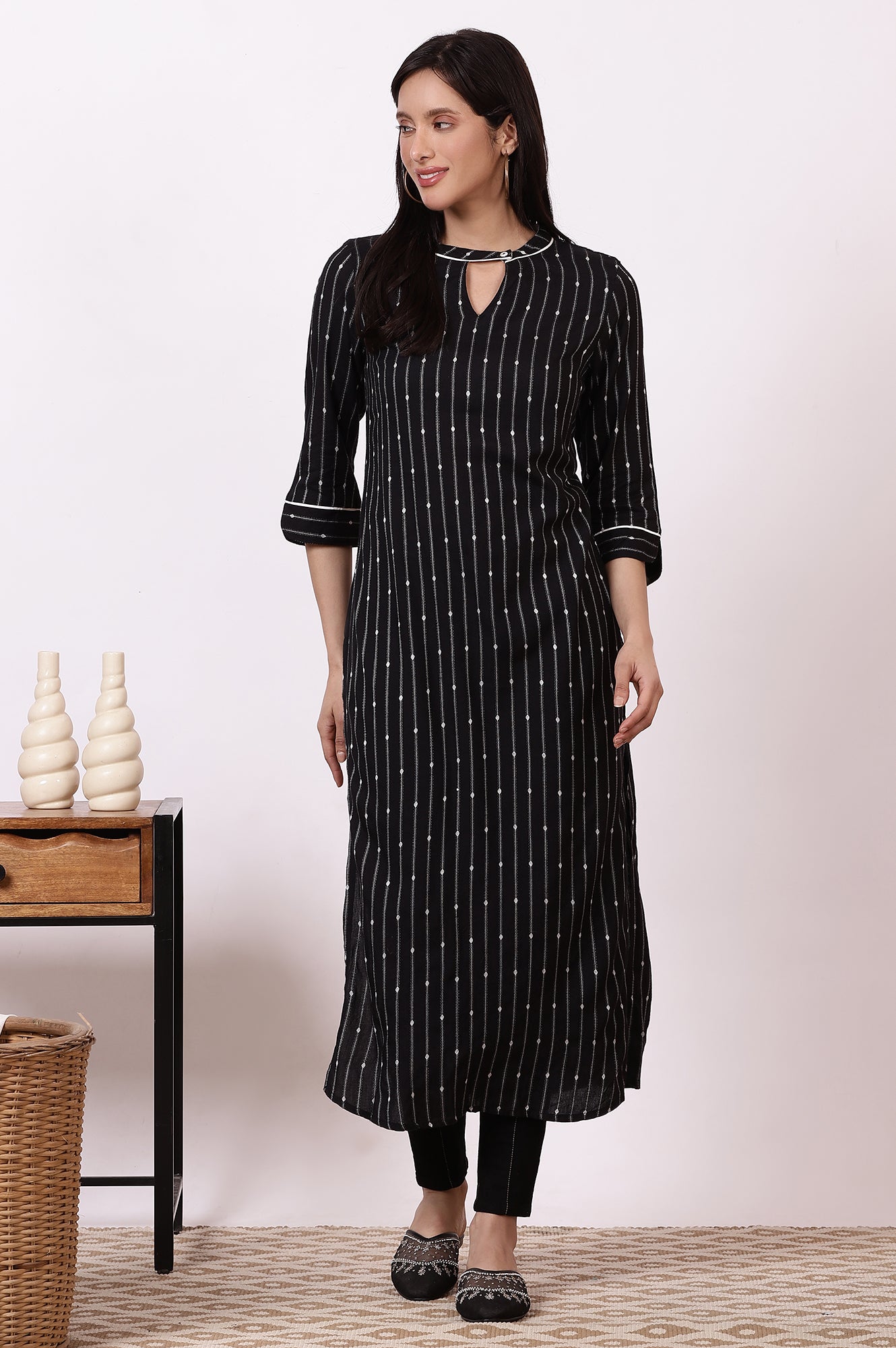 Black Striped Yarn-Dyed Straight Kurta and Denim Jegging Set