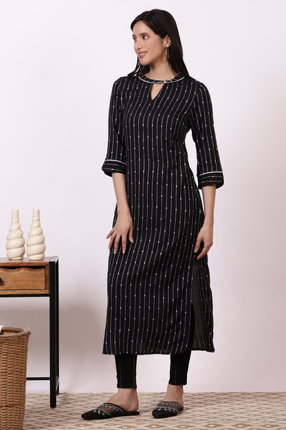 Black Striped Yarn-Dyed Straight Kurta and Denim Jegging Set