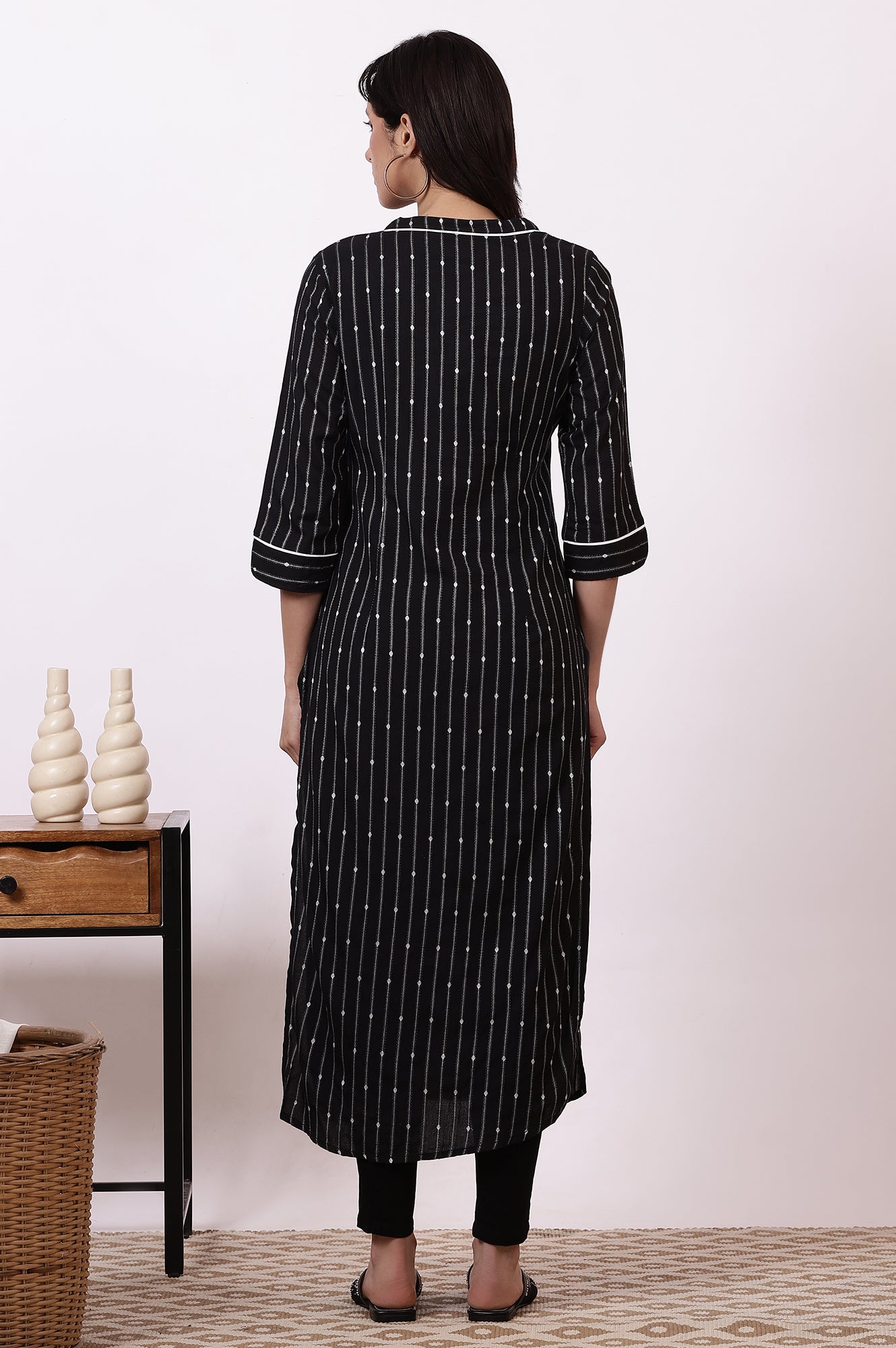 Black Striped Yarn-Dyed Straight Kurta and Denim Jegging Set