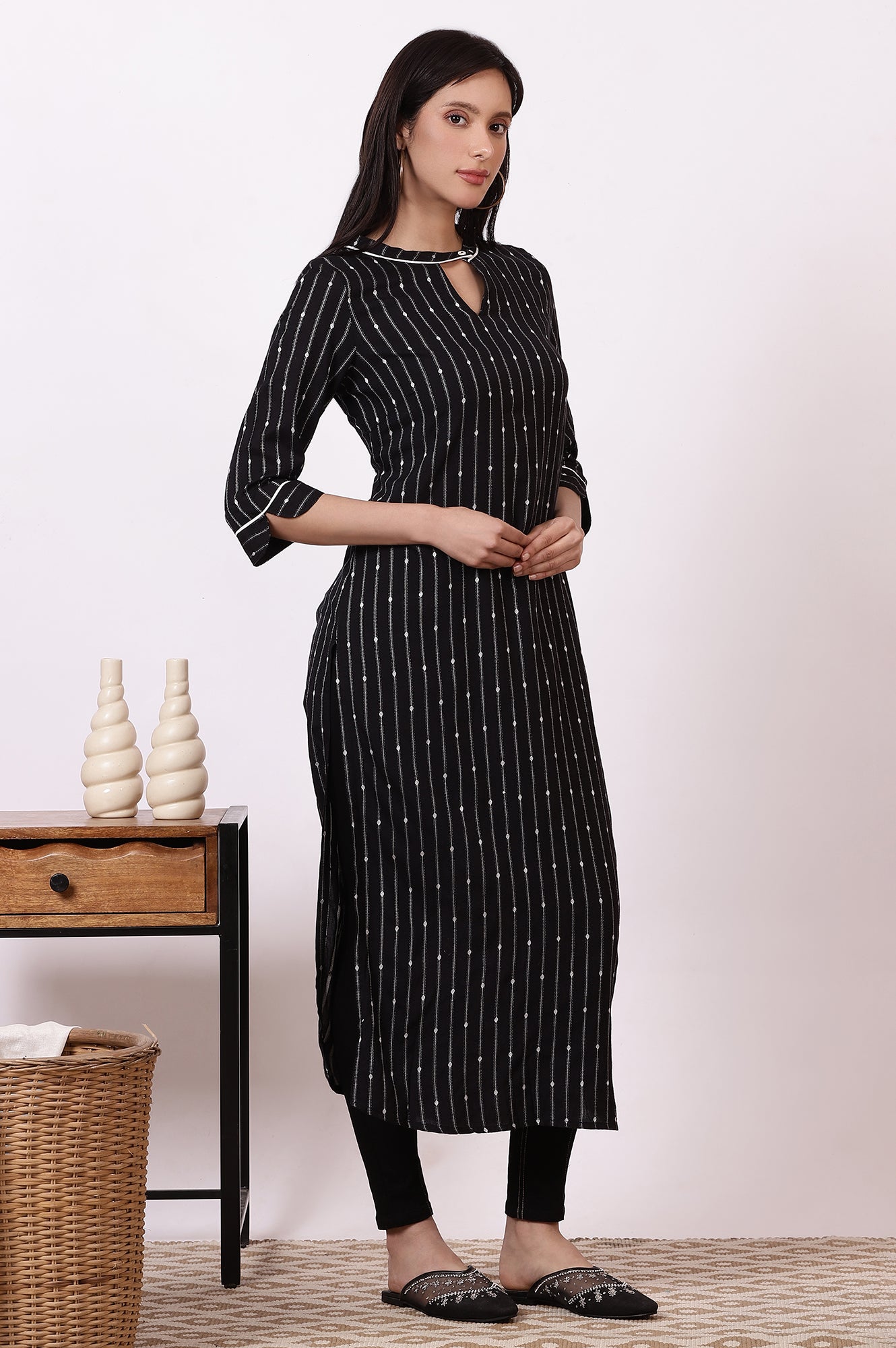 Black Striped Yarn-Dyed Straight Kurta and Denim Jegging Set