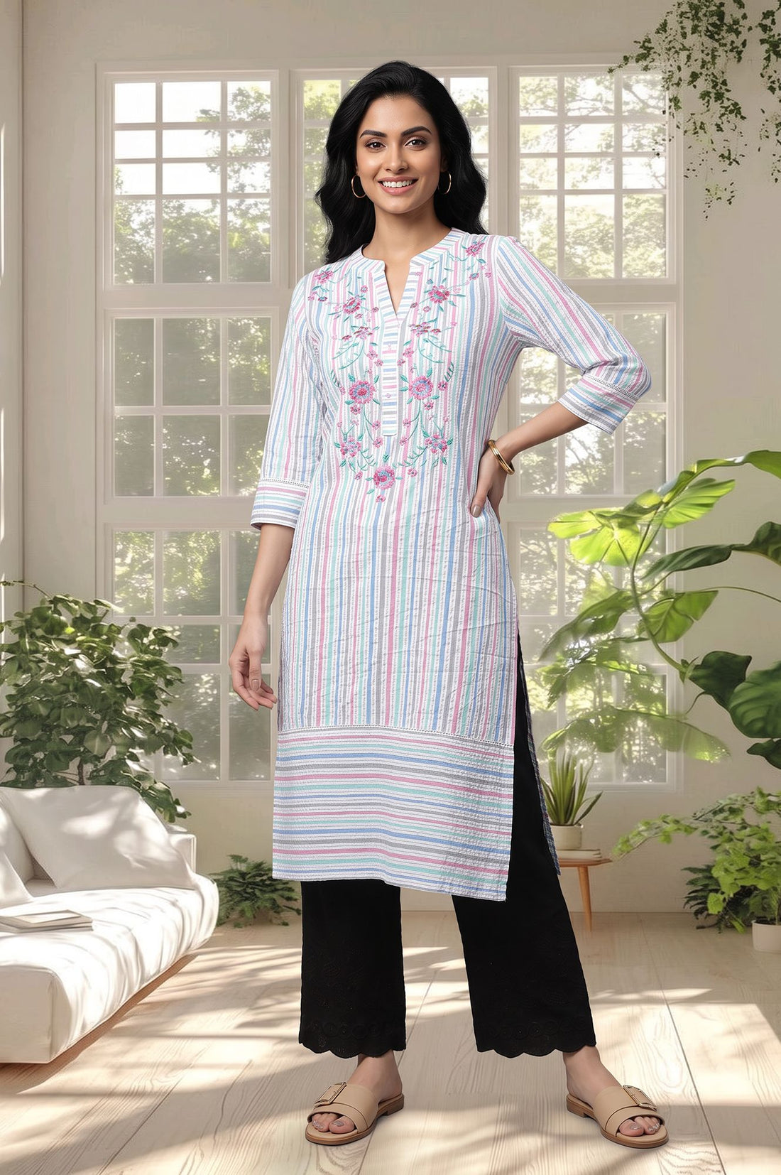 White Striped Thread Embroidered Yarn Dyed Cotton Straight Kurta with Palazzo Set