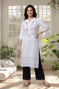 White Striped Thread Embroidered Yarn Dyed Cotton Straight Kurta with Palazzo Set
