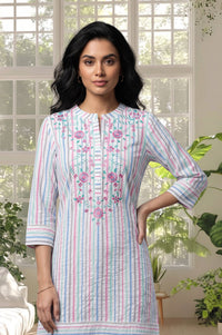 White Striped Thread Embroidered Yarn Dyed Cotton Straight Kurta with Palazzo Set