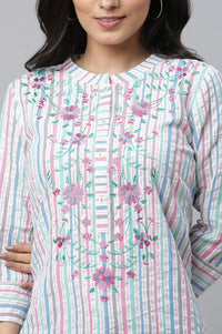 White Striped Thread Embroidered Yarn Dyed Cotton Straight Kurta with Palazzo Set