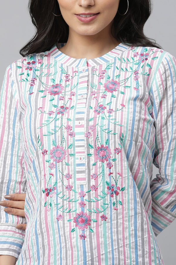 White Striped Thread Embroidered Yarn Dyed Cotton Straight Kurta with Palazzo Set