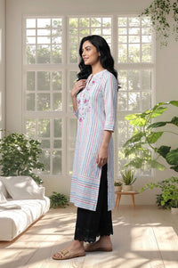 White Striped Thread Embroidered Yarn Dyed Cotton Straight Kurta with Palazzo Set