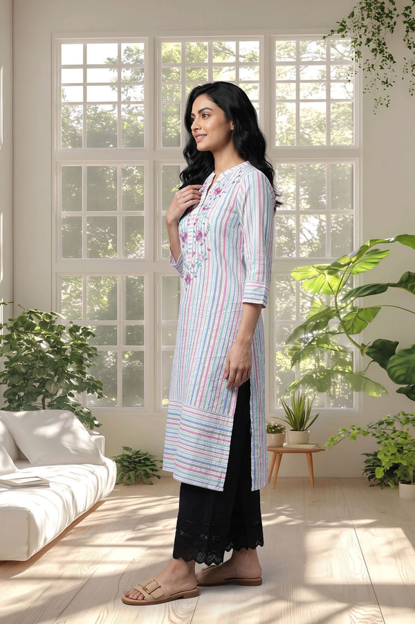 White Striped Thread Embroidered Yarn Dyed Cotton Straight Kurta with Palazzo Set