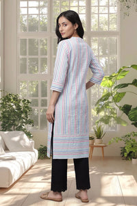 White Striped Thread Embroidered Yarn Dyed Cotton Straight Kurta with Palazzo Set