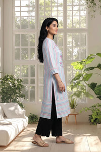White Striped Thread Embroidered Yarn Dyed Cotton Straight Kurta with Palazzo Set