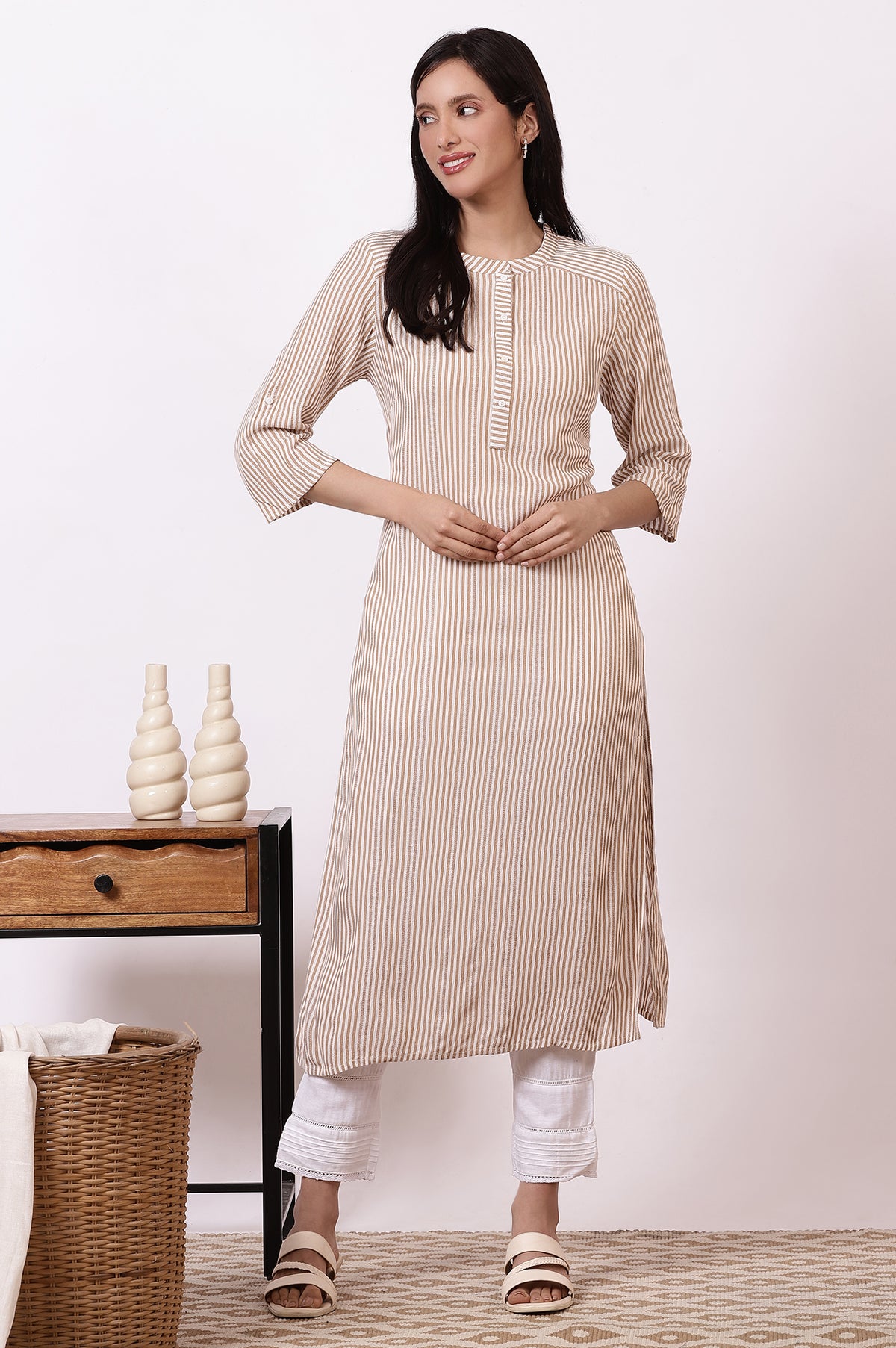 Brown and White Stripe Yarn Dyed Straight Kurta and Pants Set - S