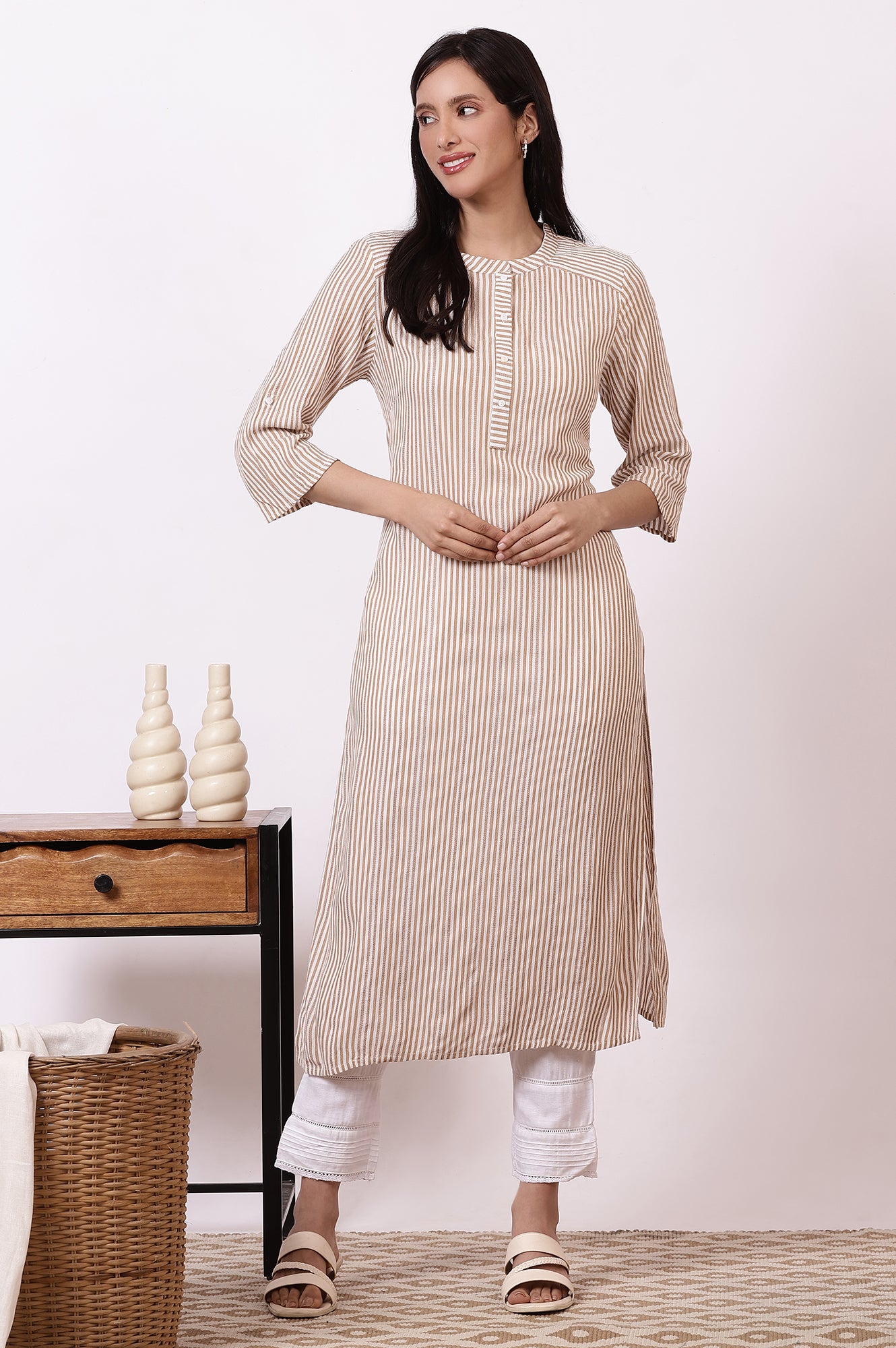 Brown and White Stripe Yarn Dyed Straight Kurta and Pants Set