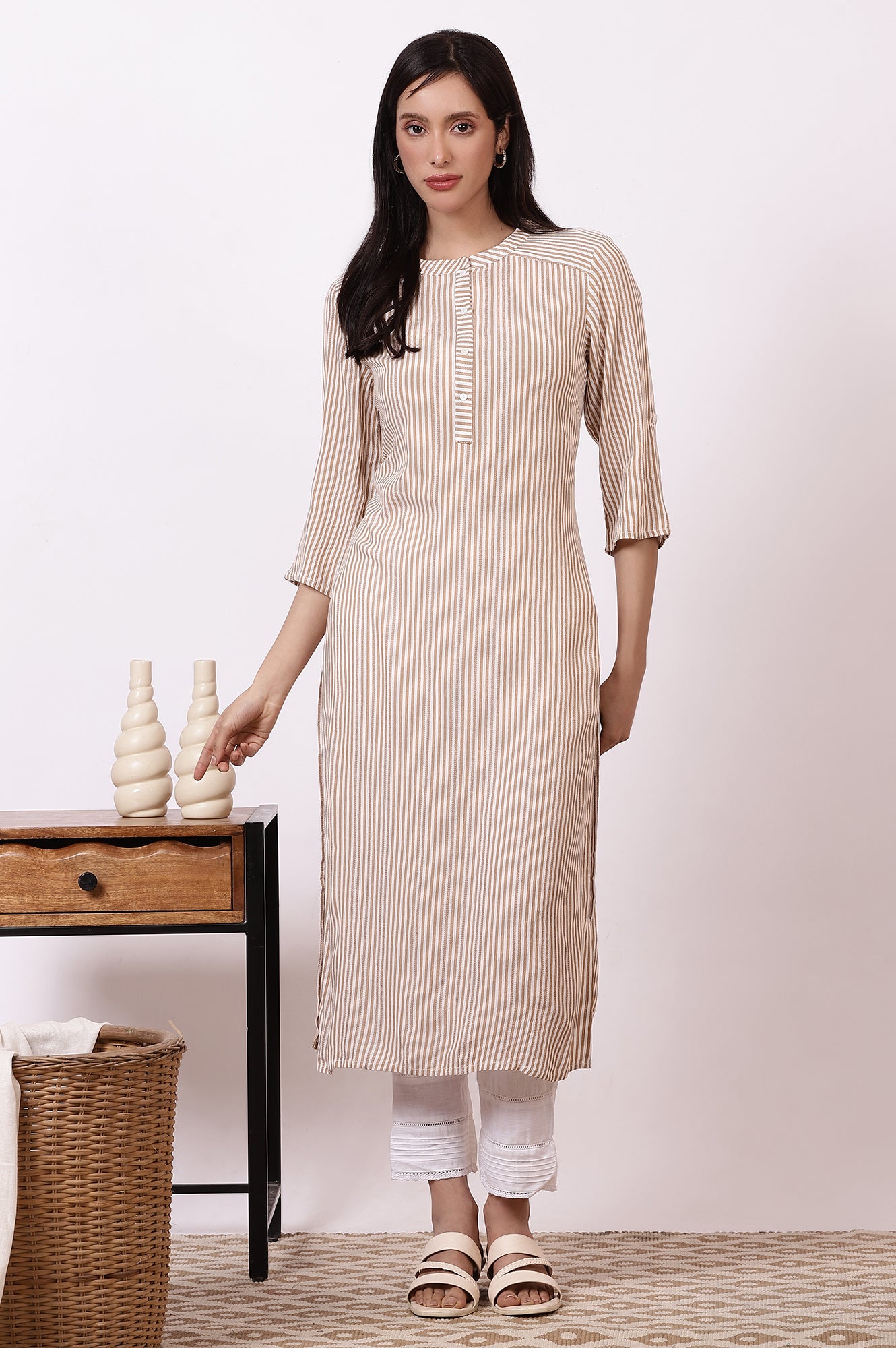 Brown and White Stripe Yarn Dyed Straight Kurta and Pants Set