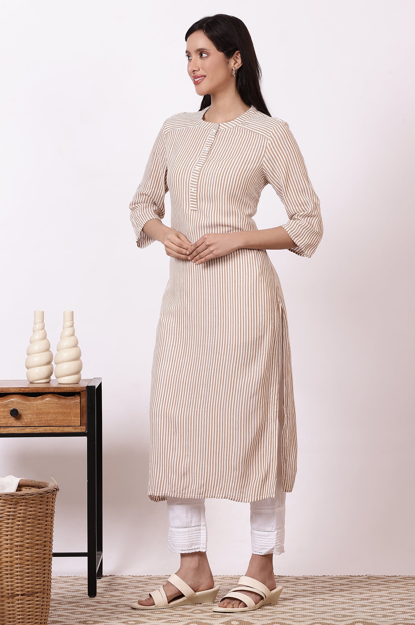 Brown and White Stripe Yarn Dyed Straight Kurta and Pants Set