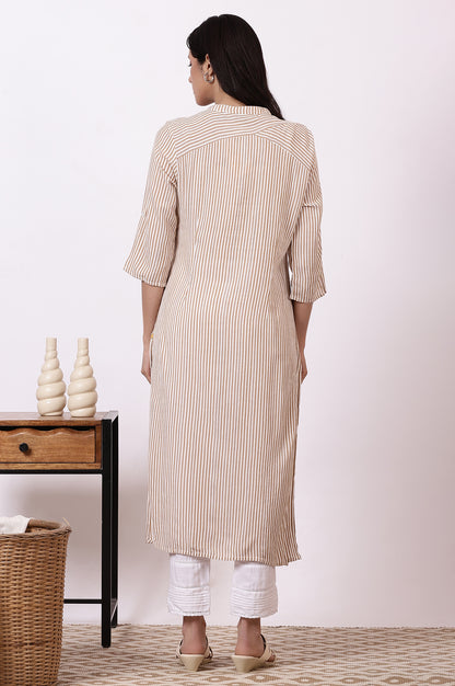 Brown and White Stripe Yarn Dyed Straight Kurta and Pants Set