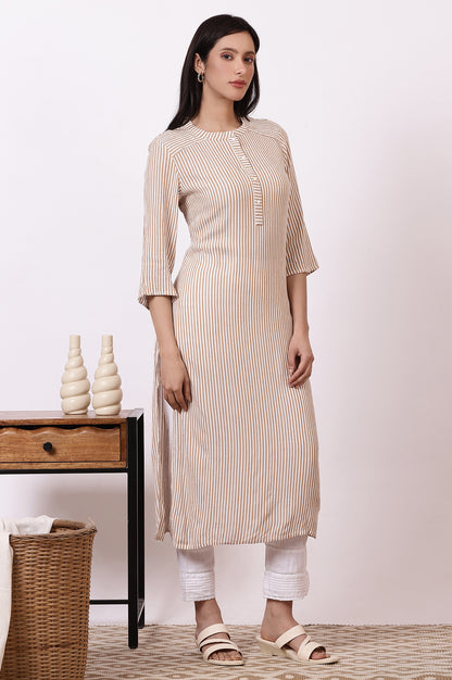 Brown and White Stripe Yarn Dyed Straight Kurta and Pants Set