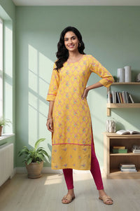 Yellow Floral Printed Pure Cotton Straight Kurta with Tights Set