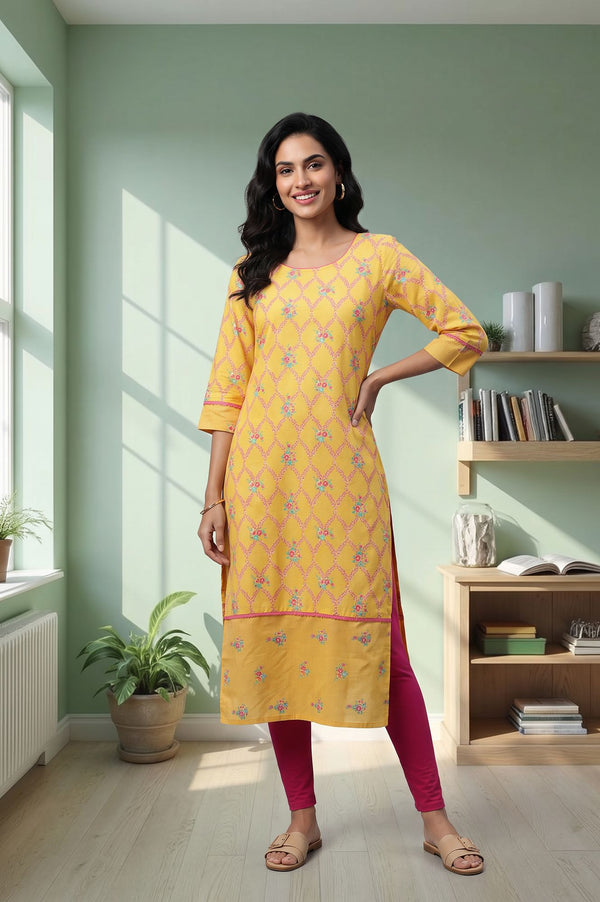Yellow Floral Printed Pure Cotton Straight Kurta with Tights Set