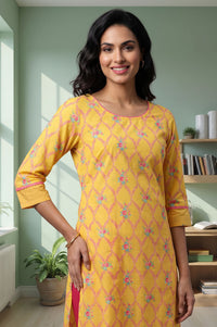 Yellow Floral Printed Pure Cotton Straight Kurta with Tights Set