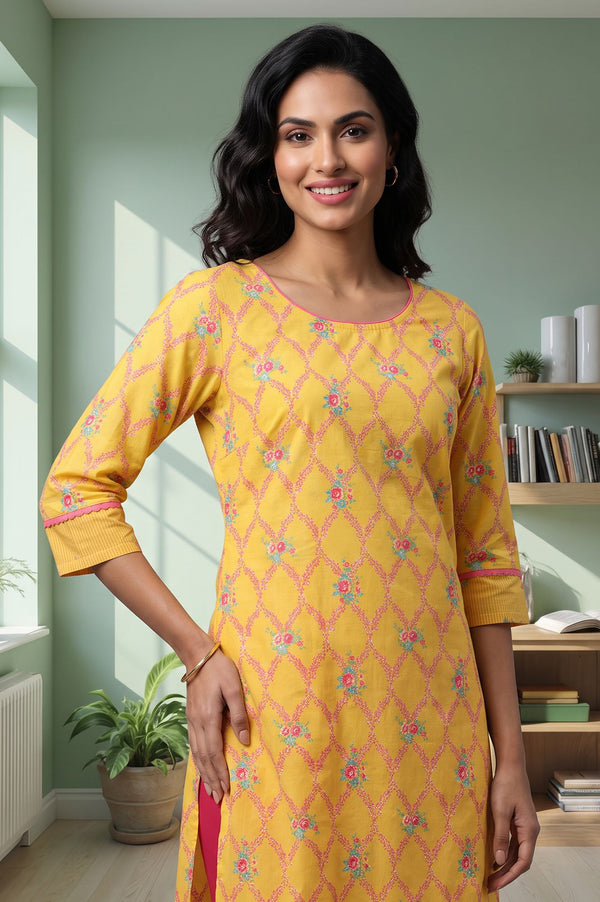 Yellow Floral Printed Pure Cotton Straight Kurta with Tights Set