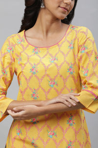 Yellow Floral Printed Pure Cotton Straight Kurta with Tights Set