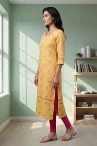 Yellow Floral Printed Pure Cotton Straight Kurta with Tights Set