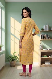 Yellow Floral Printed Pure Cotton Straight Kurta with Tights Set