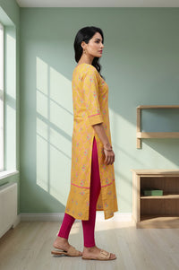Yellow Floral Printed Pure Cotton Straight Kurta with Tights Set