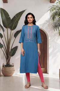 Blue Thread Embroidered Cotton Blend Straight Kurta with Tights Set