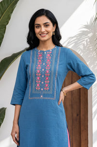 Blue Thread Embroidered Cotton Blend Straight Kurta with Tights Set